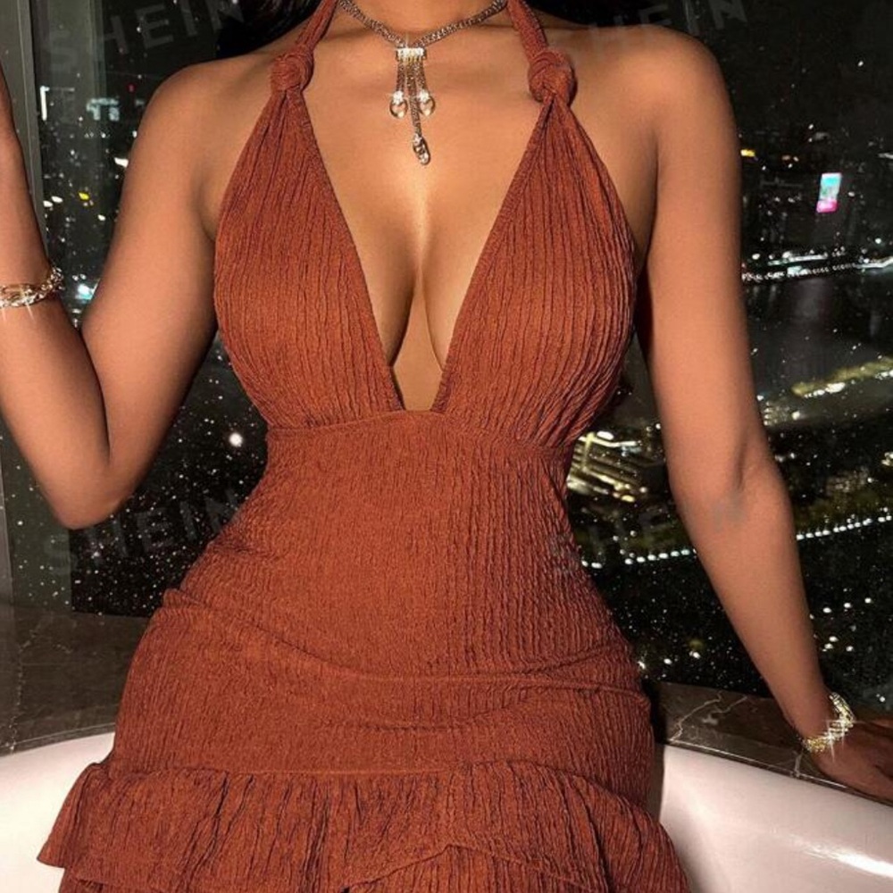 Sexy Solid Color Textured Ruffle Hem Backless Halter Neck Dress, Party Dress